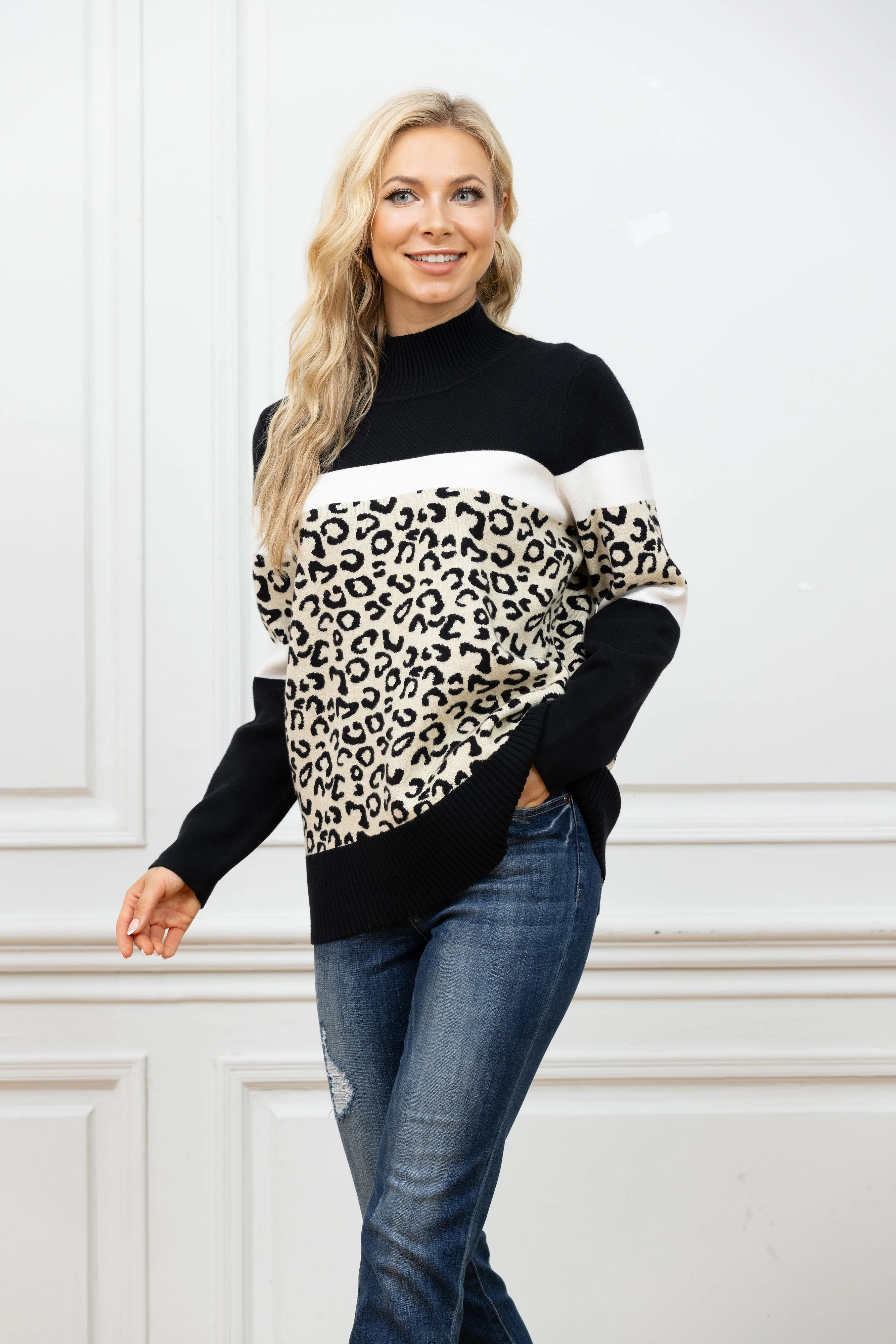 Animal Print Mock Neck Sweater