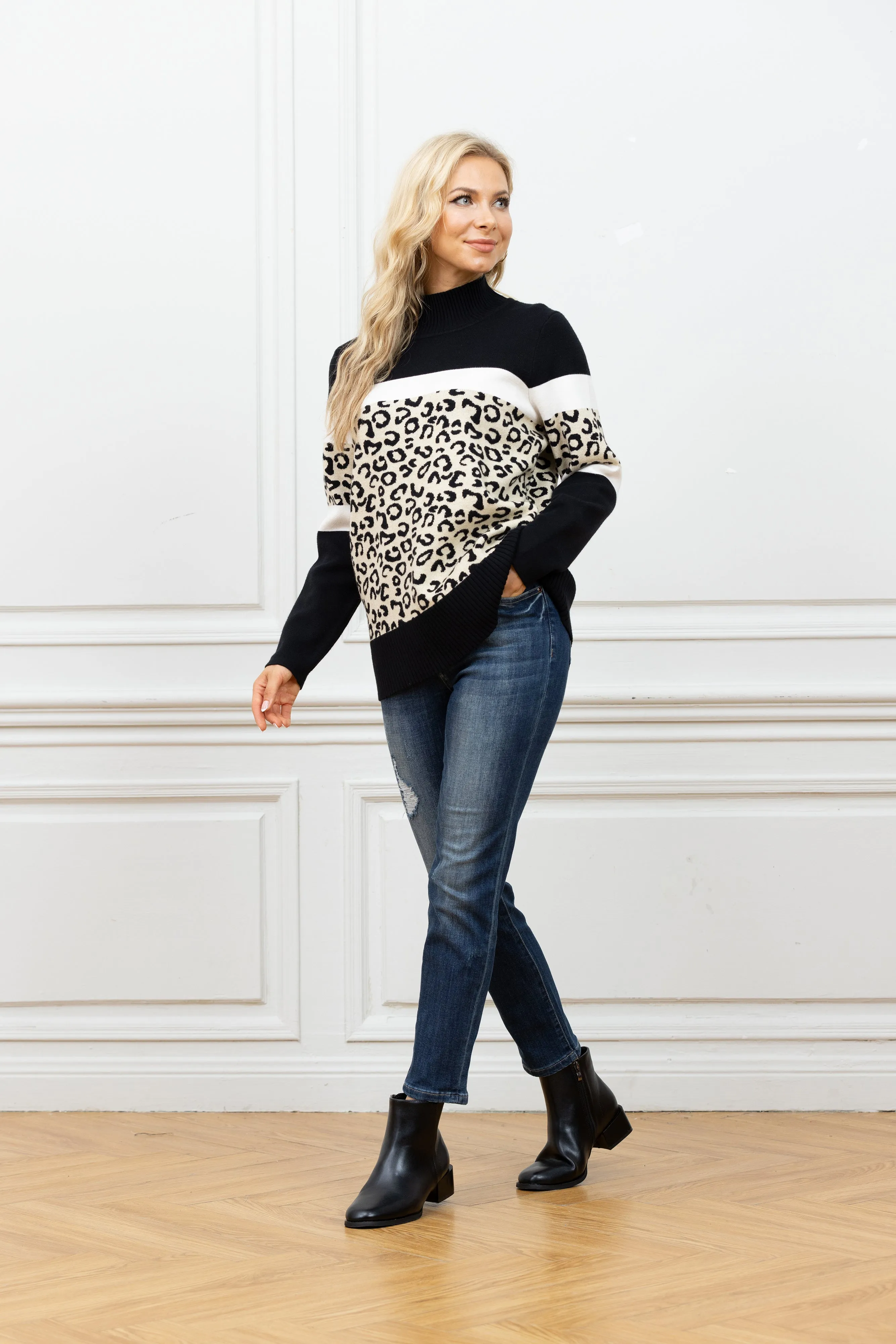 Animal Print Mock Neck Sweater