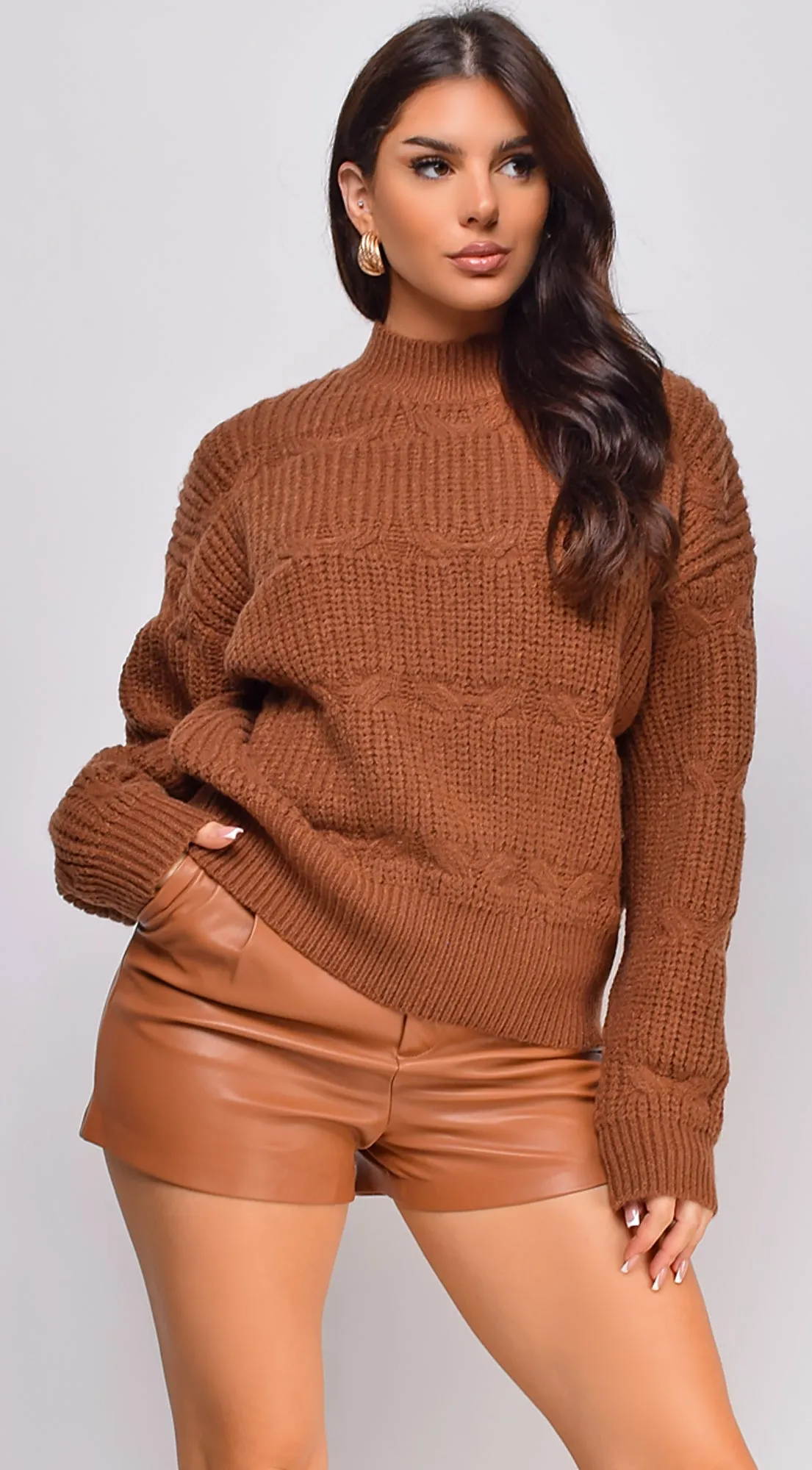 Athene Mock Neck Sweater Top - Brown