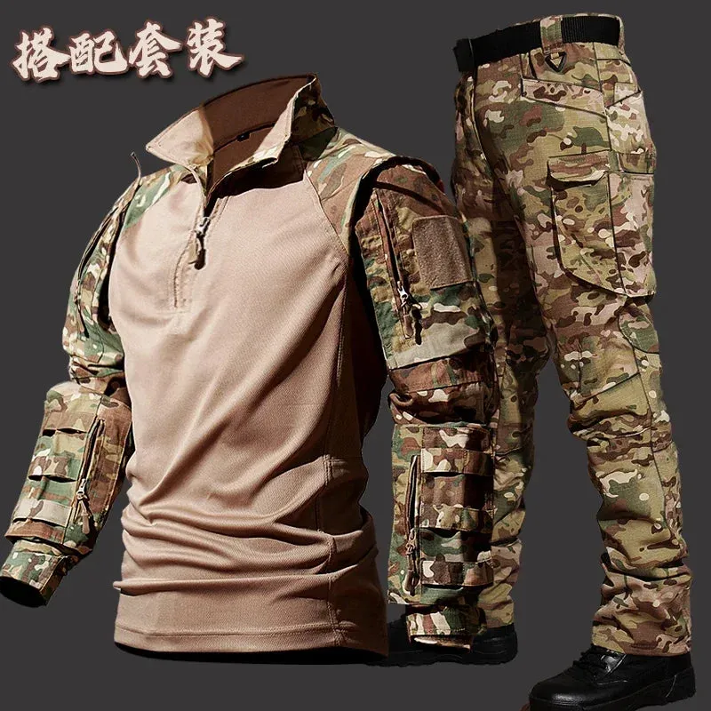 Autumn Training Suit Men Outdoor Durable Breathable T-shirt Cargo Pants Set Waterproof Suits Multiple Pockets Camo 2 Pcs Set