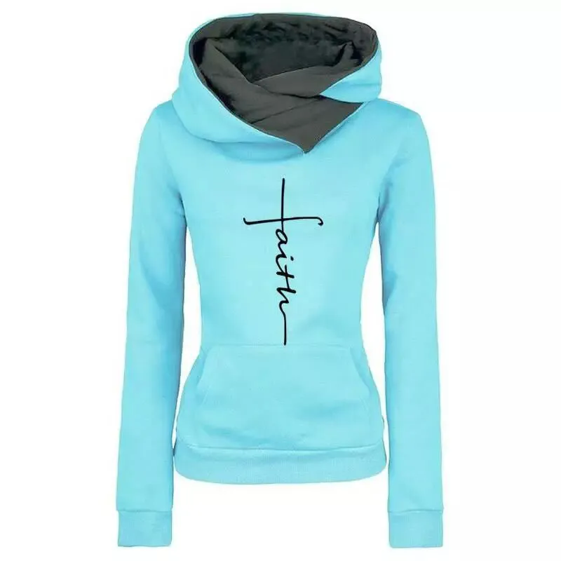 Autumn Winter Hoodies Sweatshirts Faith Embroidered Sweatshirt Long Sleeve Pullovers Casual Warm Hooded Top