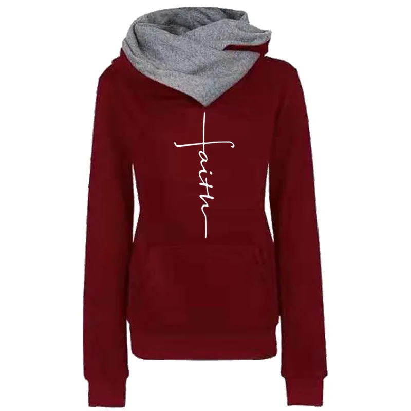 Autumn Winter Hoodies Sweatshirts Faith Embroidered Sweatshirt Long Sleeve Pullovers Casual Warm Hooded Top