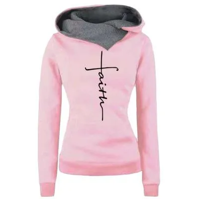 Autumn Winter Hoodies Sweatshirts Faith Embroidered Sweatshirt Long Sleeve Pullovers Casual Warm Hooded Top