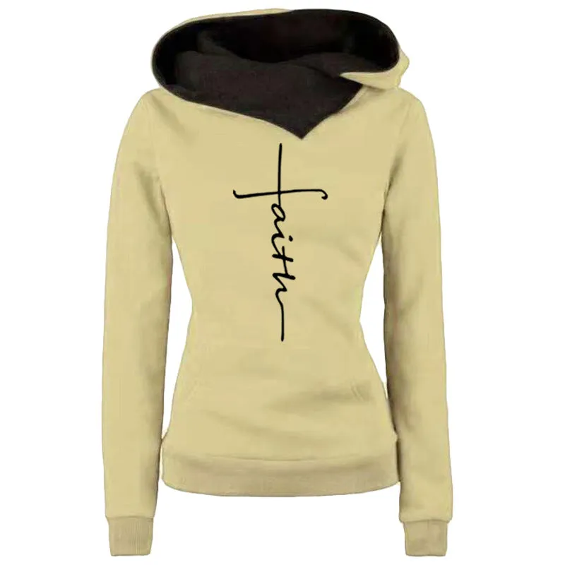 Autumn Winter Hoodies Sweatshirts Faith Embroidered Sweatshirt Long Sleeve Pullovers Casual Warm Hooded Top