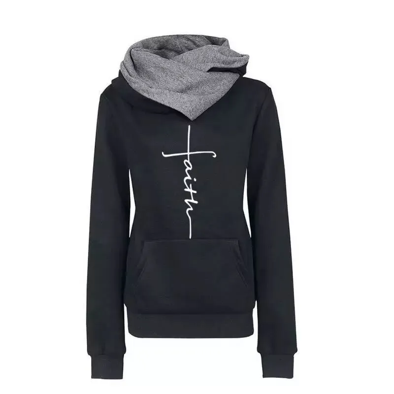 Autumn Winter Hoodies Sweatshirts Faith Embroidered Sweatshirt Long Sleeve Pullovers Casual Warm Hooded Top