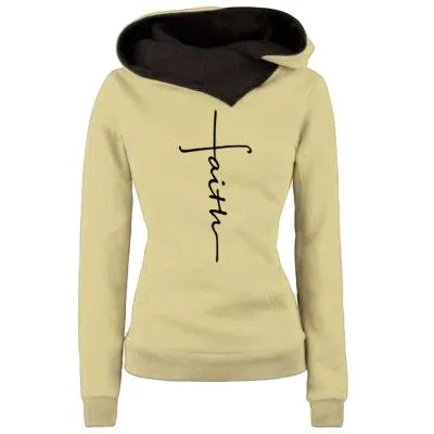 Autumn Winter Hoodies Sweatshirts Faith Embroidered Sweatshirt Long Sleeve Pullovers Casual Warm Hooded Top