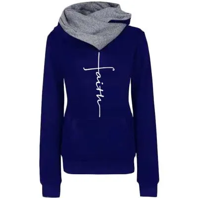 Autumn Winter Hoodies Sweatshirts Faith Embroidered Sweatshirt Long Sleeve Pullovers Casual Warm Hooded Top