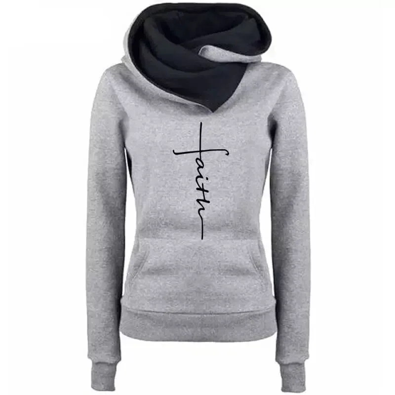 Autumn Winter Hoodies Sweatshirts Faith Embroidered Sweatshirt Long Sleeve Pullovers Casual Warm Hooded Top