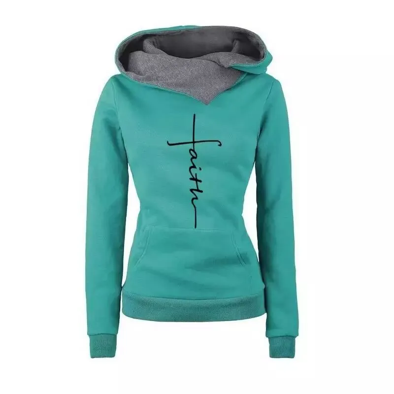 Autumn Winter Hoodies Sweatshirts Faith Embroidered Sweatshirt Long Sleeve Pullovers Casual Warm Hooded Top