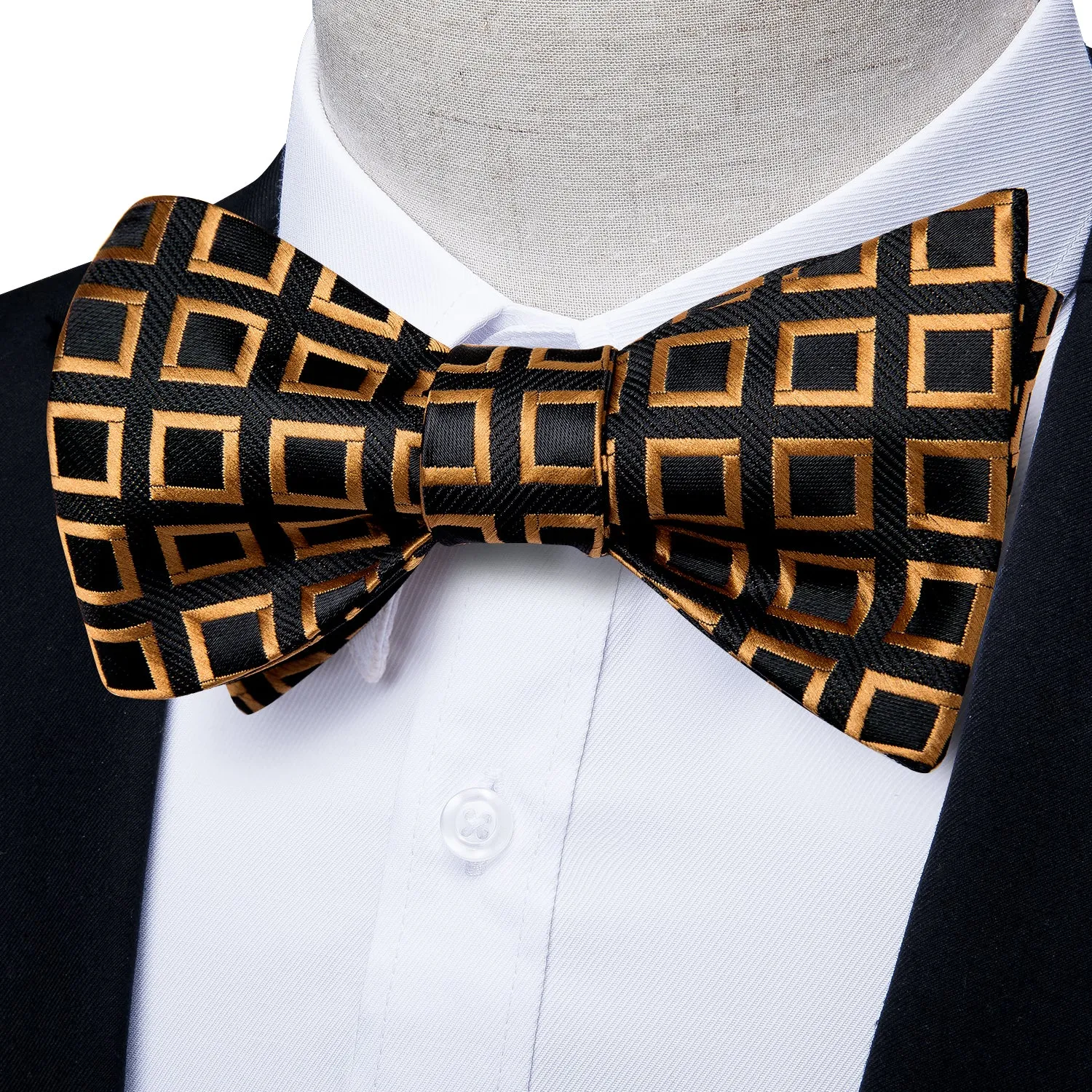 Black Golden Plaid Silk Self-Bowtie Pocket Square Cufflinks Set