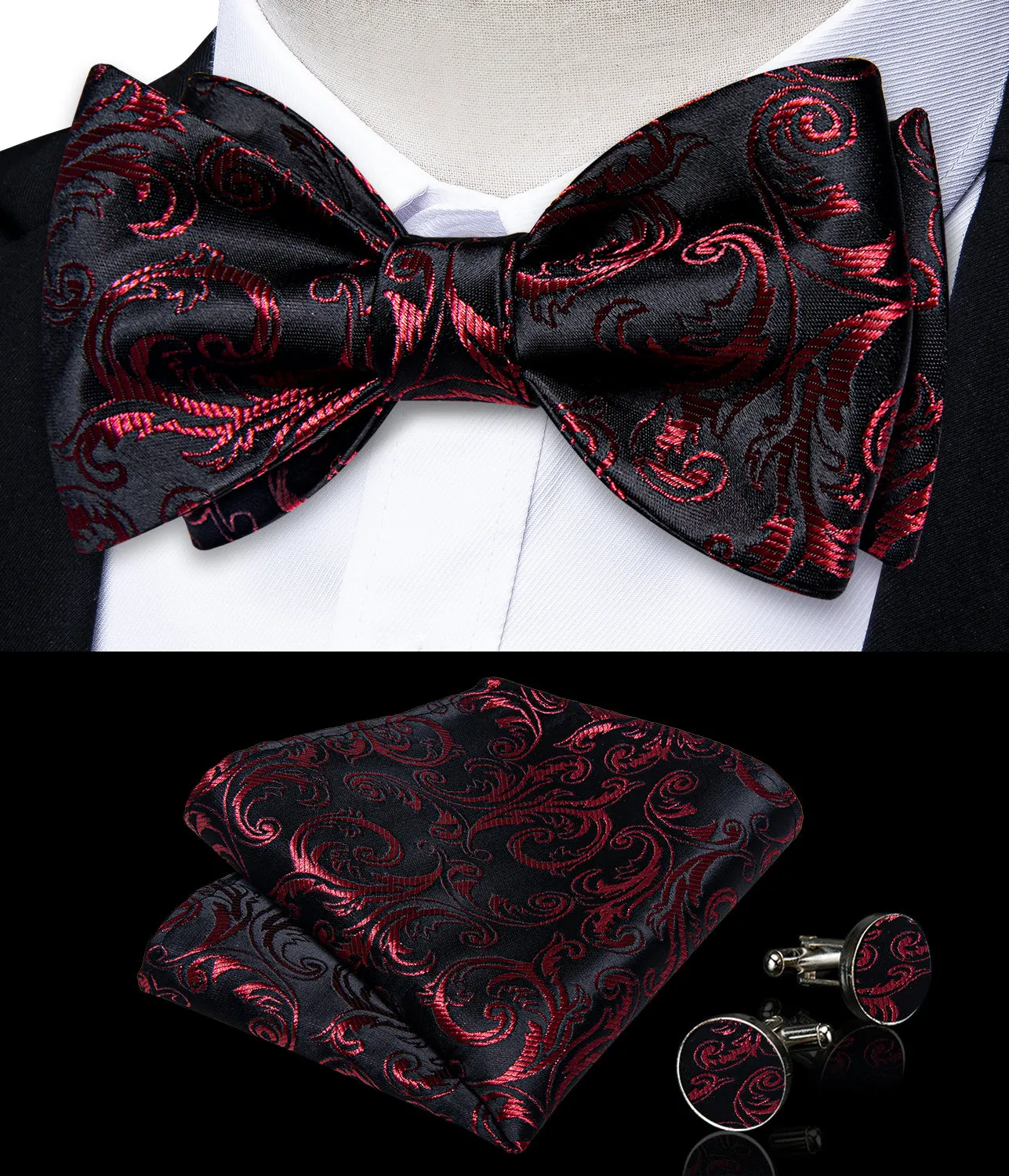 Black Red Floral Self-Bowtie Pocket Square Cufflinks Set