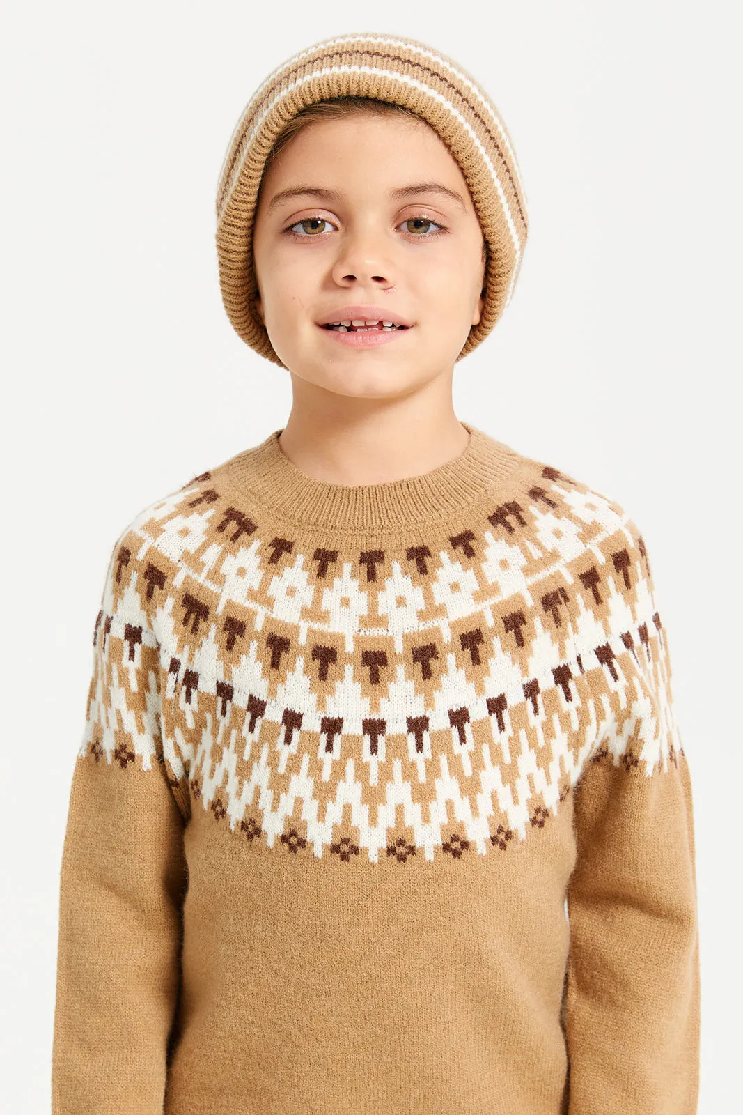 Boys Brown Pullover With Hat (2 Piece)