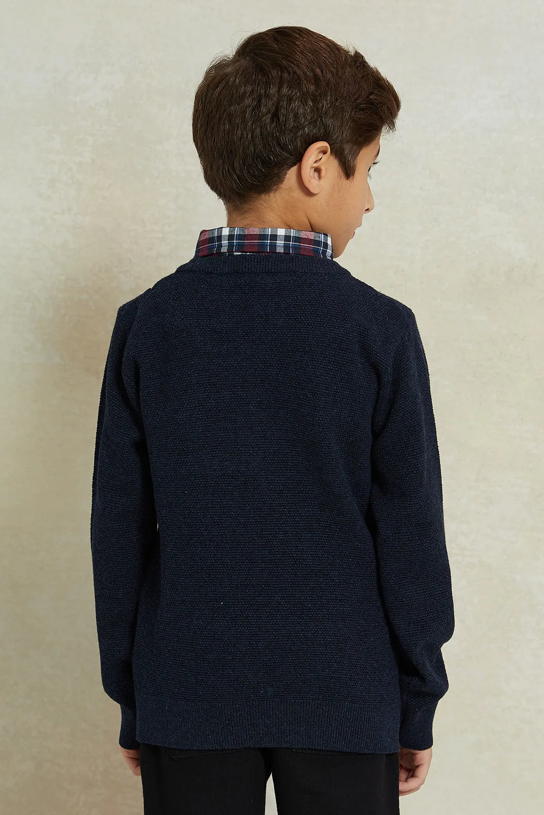 Boys Navy Knitted Pullover With Mock Collar