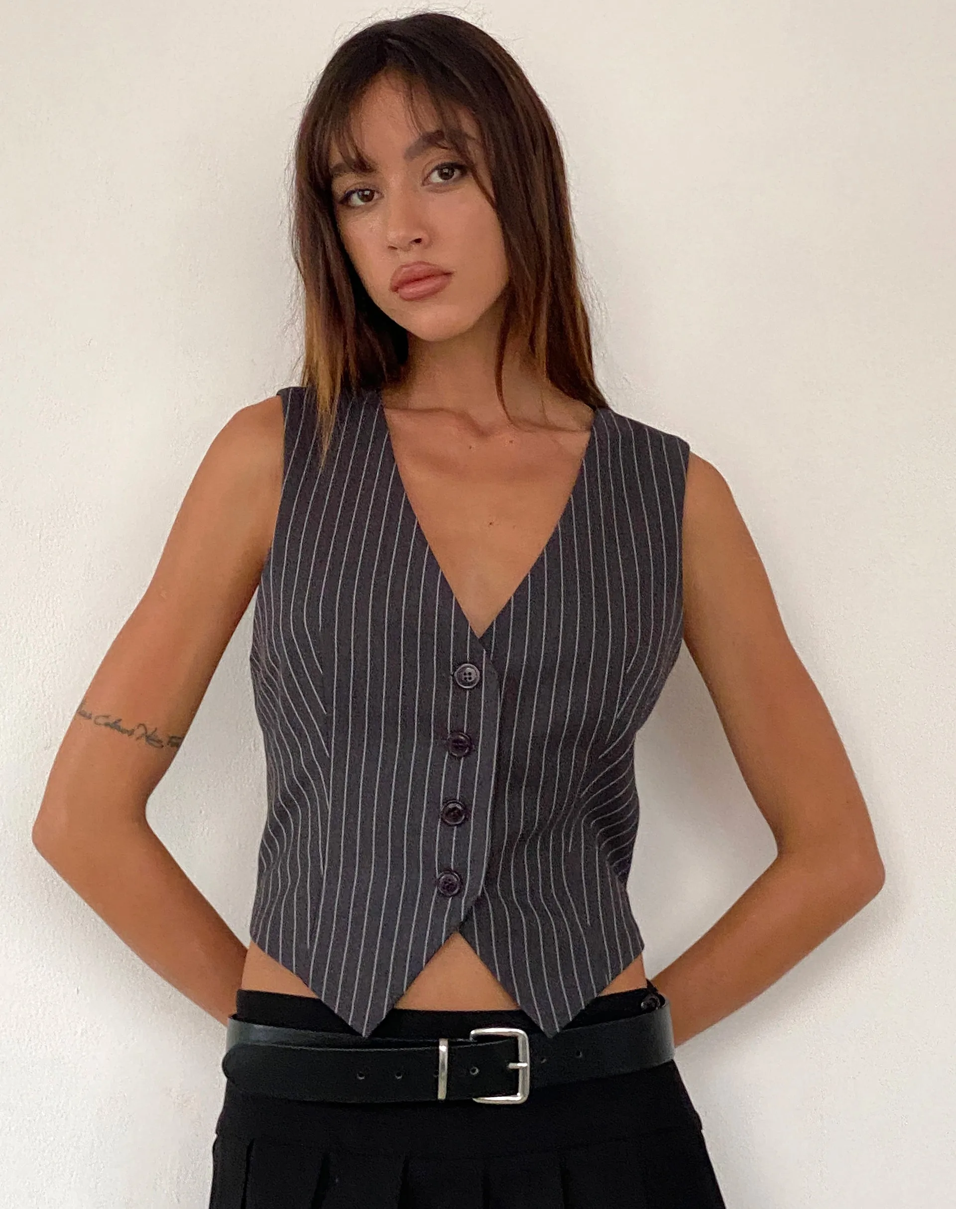 Canta Tailored Vest Top in Dark Grey Pinstripe