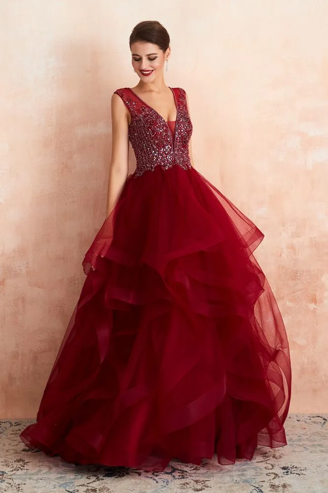 Charming Burgundy Sleeveless Party Dress Aline Puffy Tulle Evenign Dress with Sequins