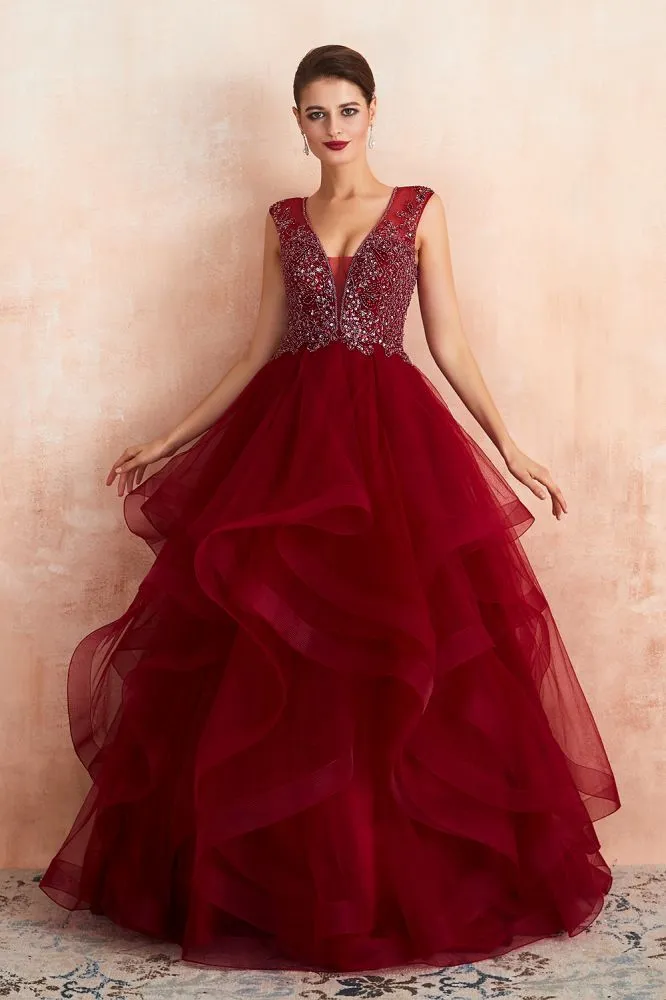 Charming Burgundy Sleeveless Party Dress Aline Puffy Tulle Evenign Dress with Sequins