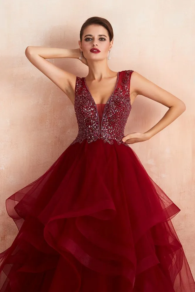 Charming Burgundy Sleeveless Party Dress Aline Puffy Tulle Evenign Dress with Sequins