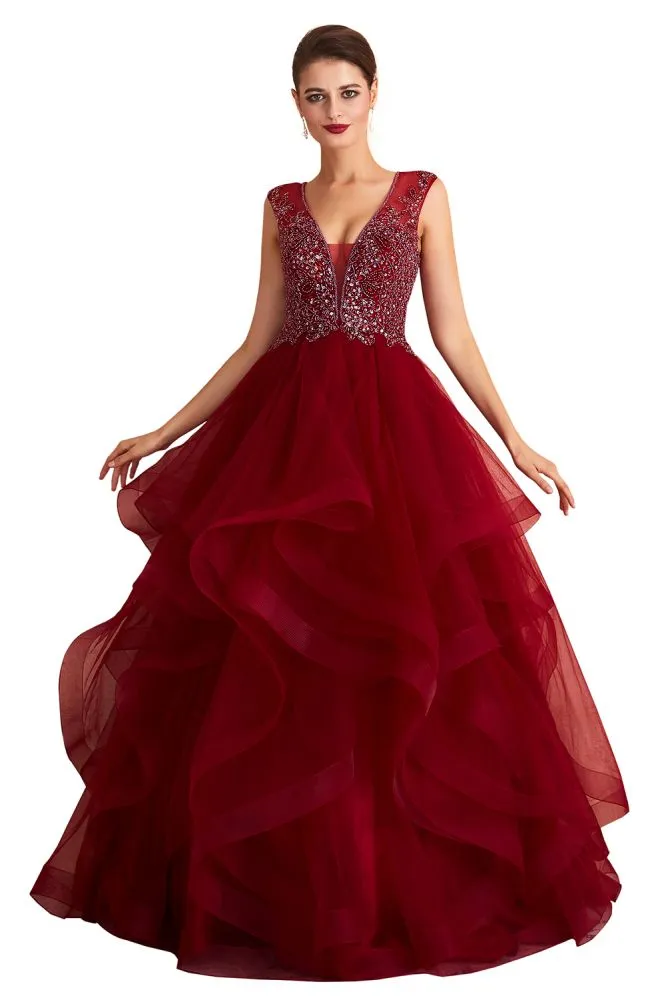 Charming Burgundy Sleeveless Party Dress Aline Puffy Tulle Evenign Dress with Sequins