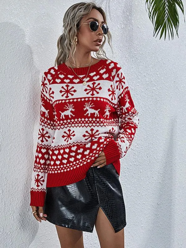 Charming Elk Snowflake Knit Christmas Sweater for Women - Cozy Festive Top