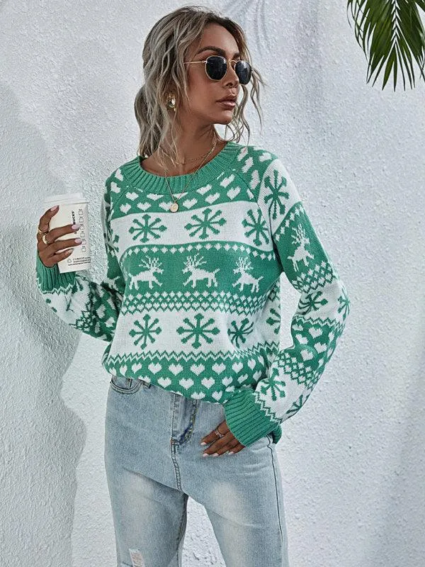 Charming Elk Snowflake Knit Christmas Sweater for Women - Cozy Festive Top