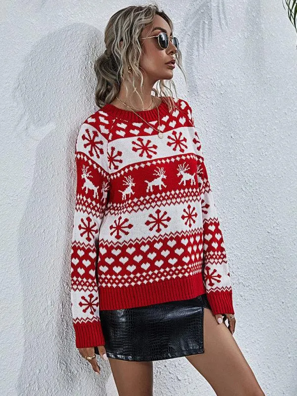 Charming Elk Snowflake Knit Christmas Sweater for Women - Cozy Festive Top