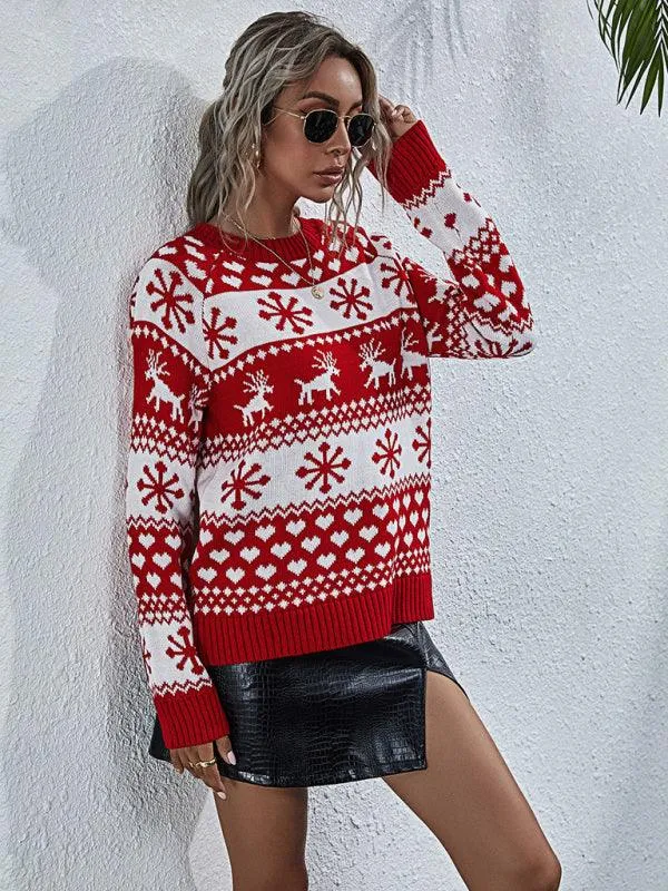 Charming Elk Snowflake Knit Christmas Sweater for Women - Cozy Festive Top