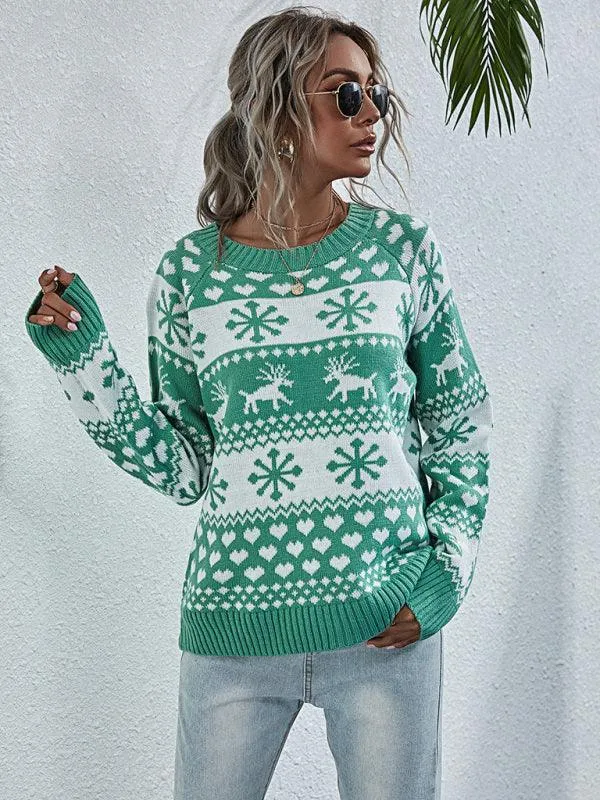 Charming Elk Snowflake Knit Christmas Sweater for Women - Cozy Festive Top