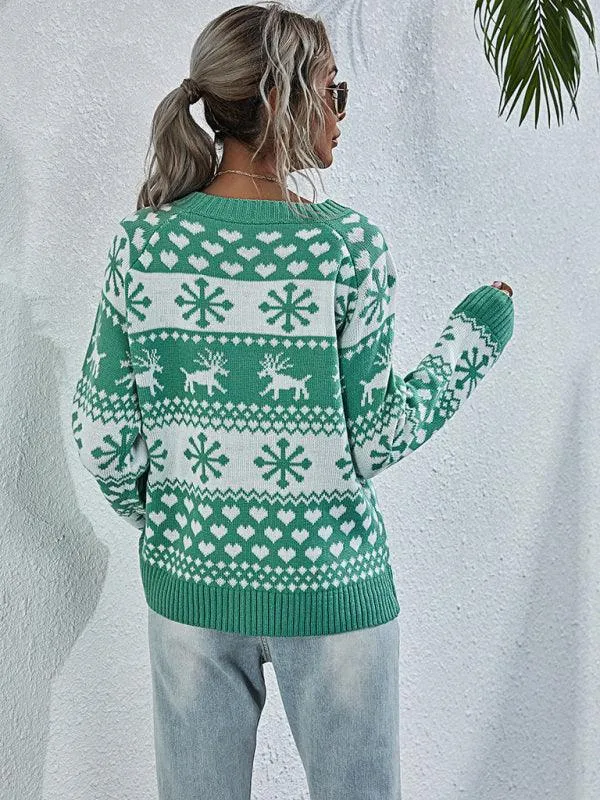 Charming Elk Snowflake Knit Christmas Sweater for Women - Cozy Festive Top