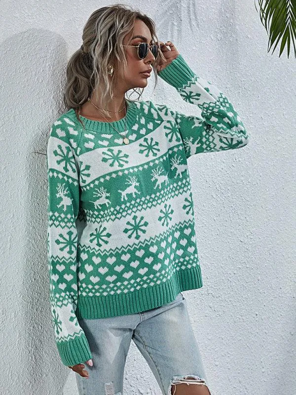 Charming Elk Snowflake Knit Christmas Sweater for Women - Cozy Festive Top