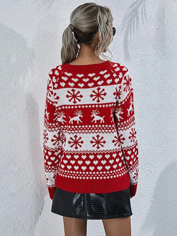 Charming Elk Snowflake Knit Christmas Sweater for Women - Cozy Festive Top