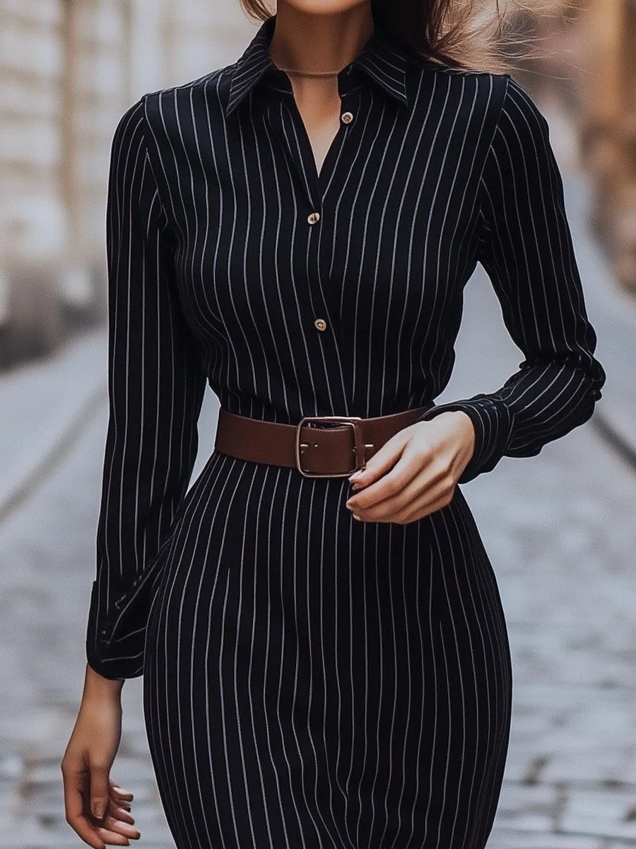 Classic Black Pinstripe Shirt Dress