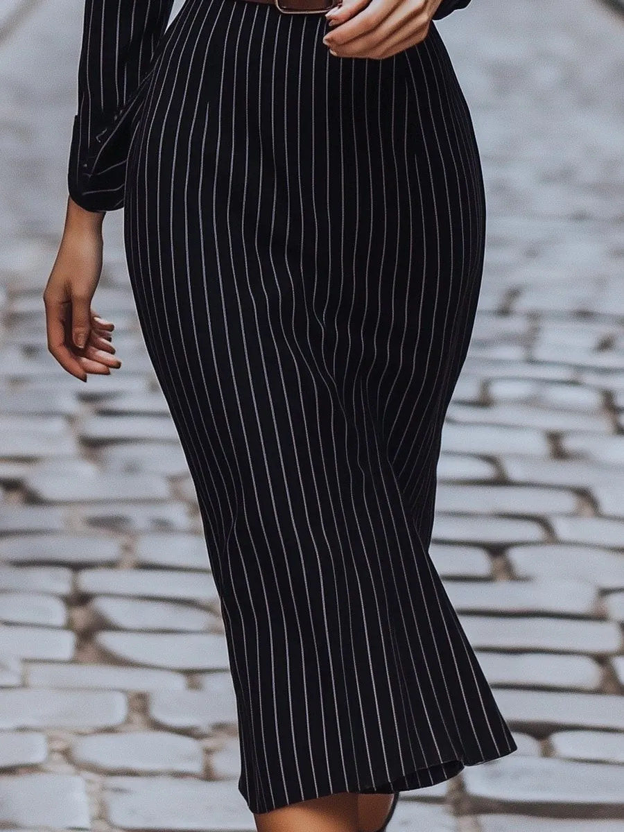 Classic Black Pinstripe Shirt Dress