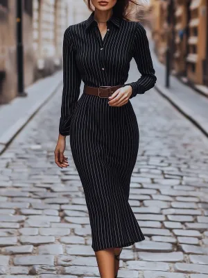 Classic Black Pinstripe Shirt Dress