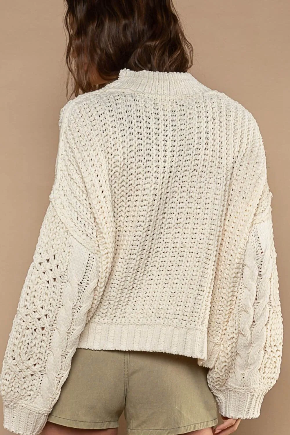 Cream White Mock Neck Cable Knit Sweater