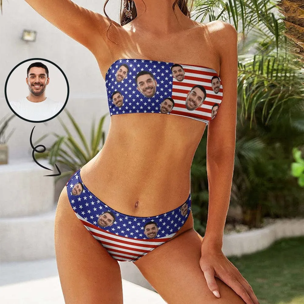 Custom Face USA Flag Strapless Bandeau Top Cheeky Bikini Bathing Suit Personalized Women's Two Piece Swimsuit Beach Outfits