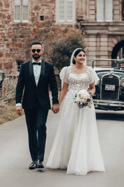 Elegant Long White A-line Square Neck Tulle Lace Wedding Dress with Short Sleeves