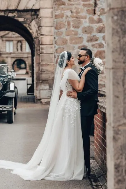 Elegant Long White A-line Square Neck Tulle Lace Wedding Dress with Short Sleeves