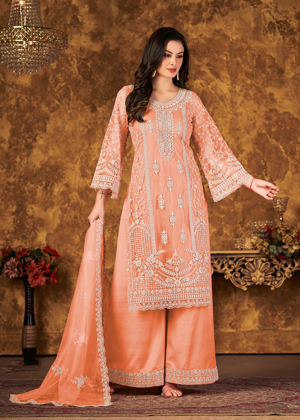 Elegant Peach Cording Embroidered Net Palazzo Suit