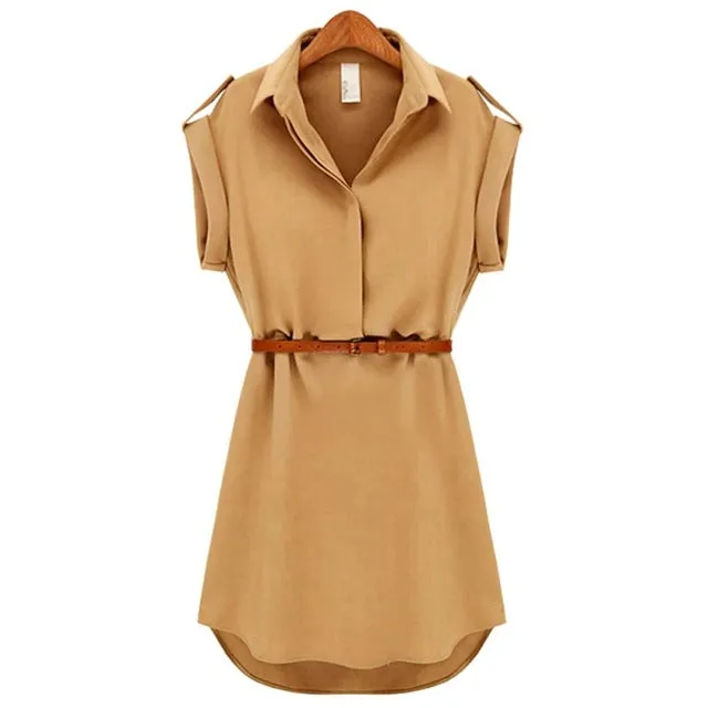 Fashionable Short Sleeve Stretchable Casual Mini Dress with Belt