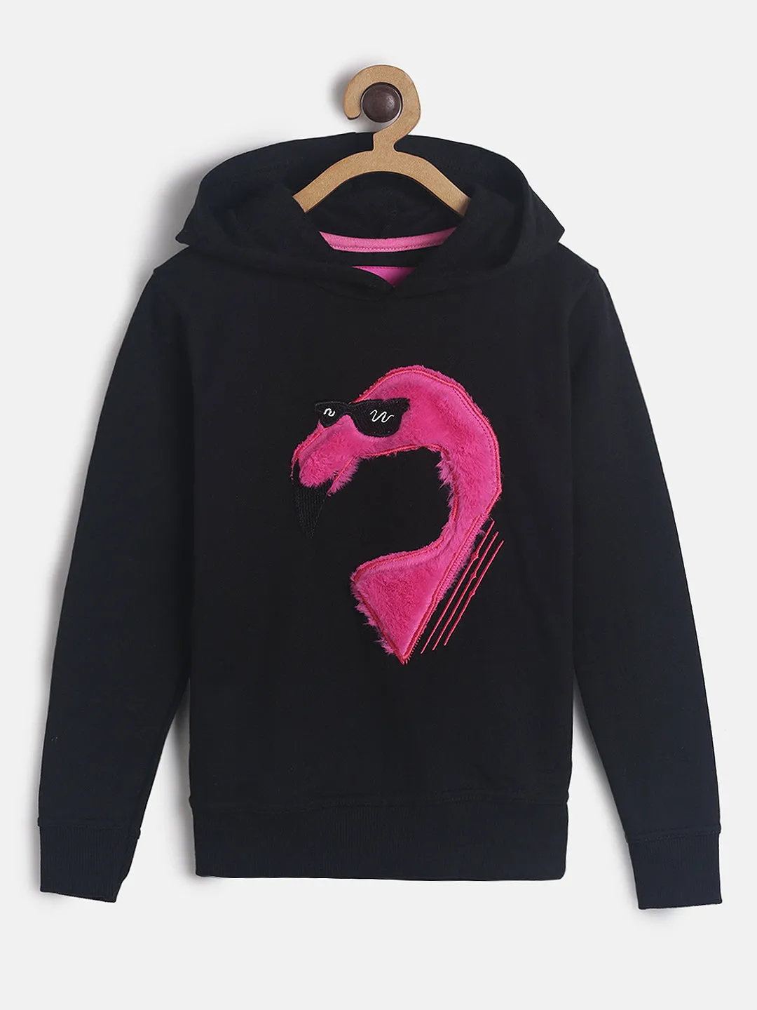 Girls Black Regular Fit Printed Sweatshirt With Hood