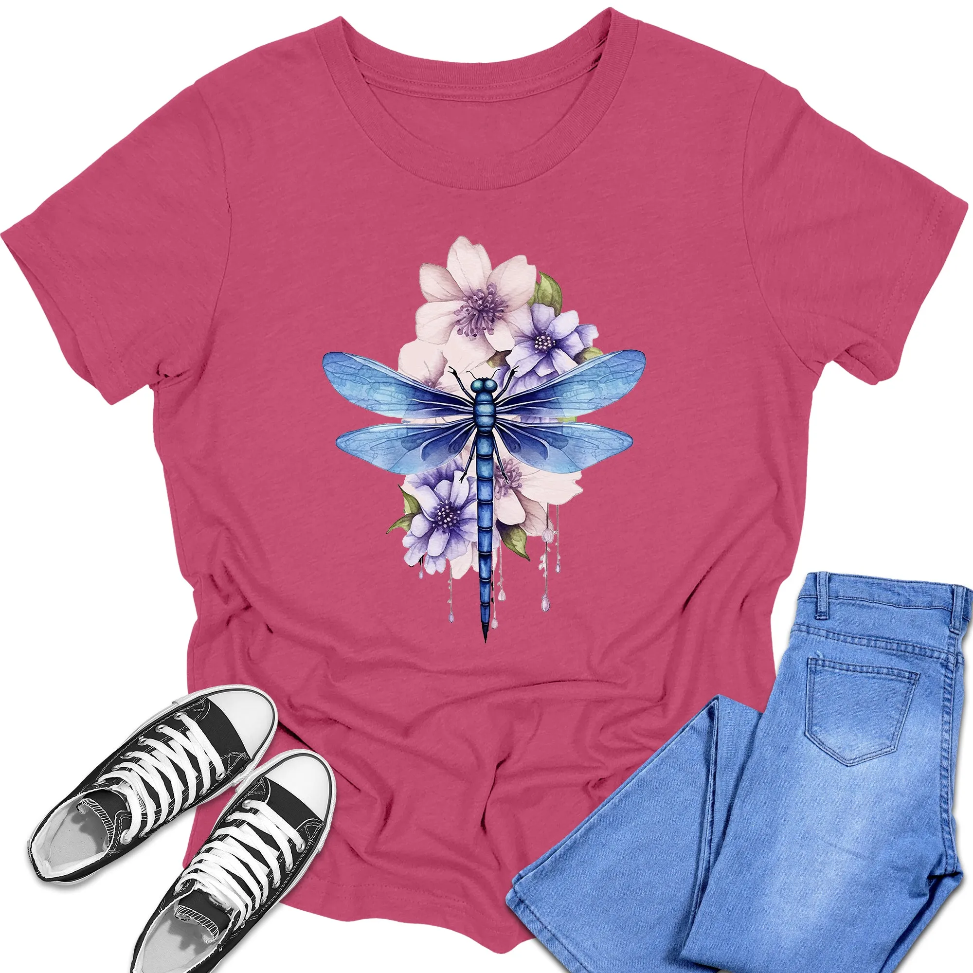 Girl's Short Sleeve Graphic Tees Cute Floral Dragonfly Shirt Back To School Fall Tops