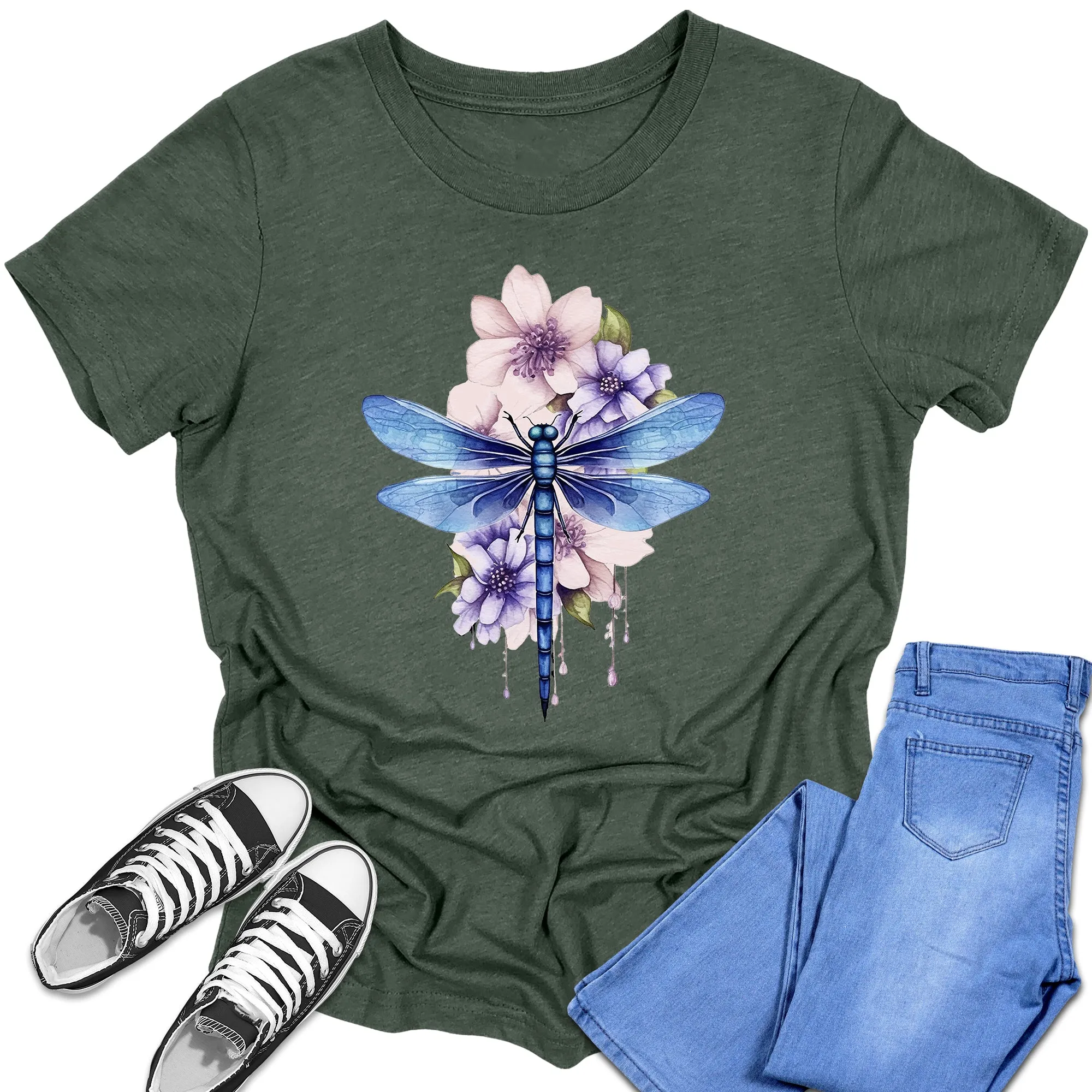 Girl's Short Sleeve Graphic Tees Cute Floral Dragonfly Shirt Back To School Fall Tops