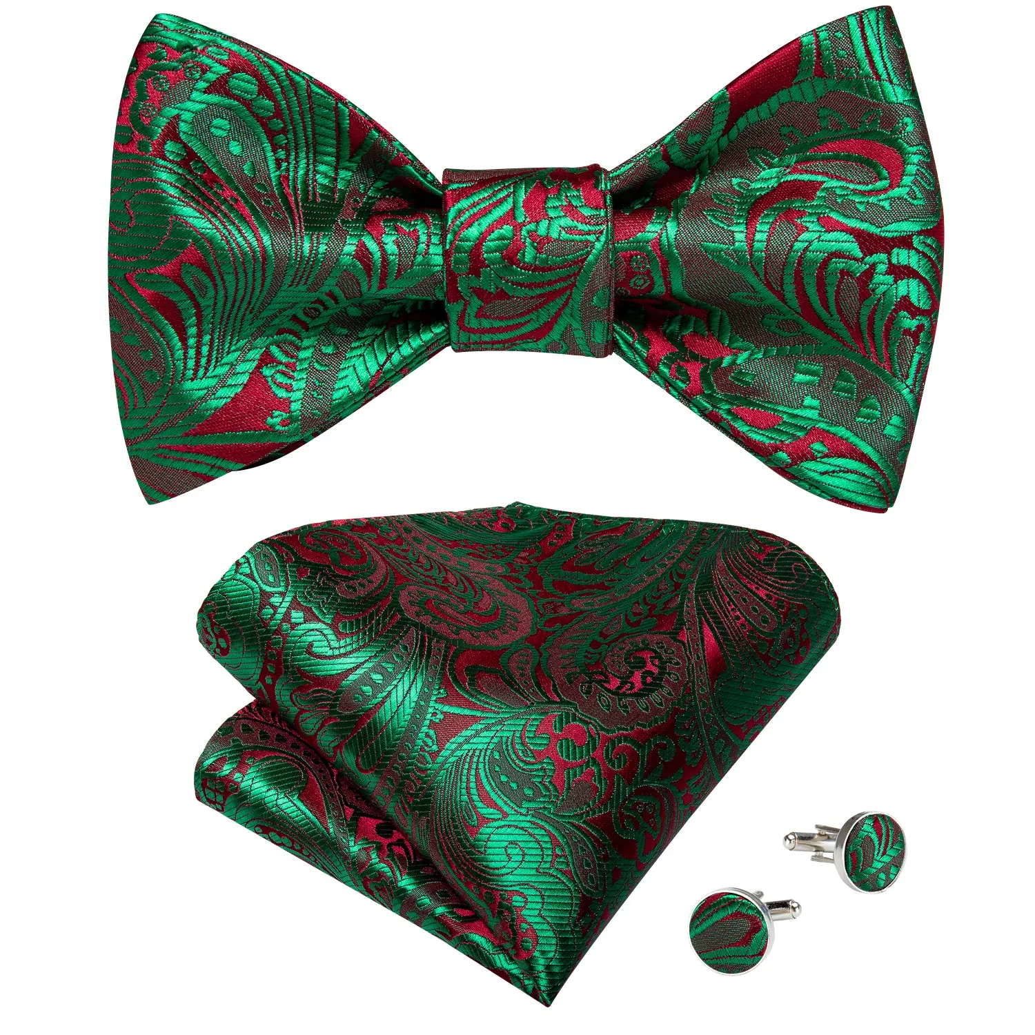 Green Red Paisley Self-Bowtie Pocket Square Cufflinks Set