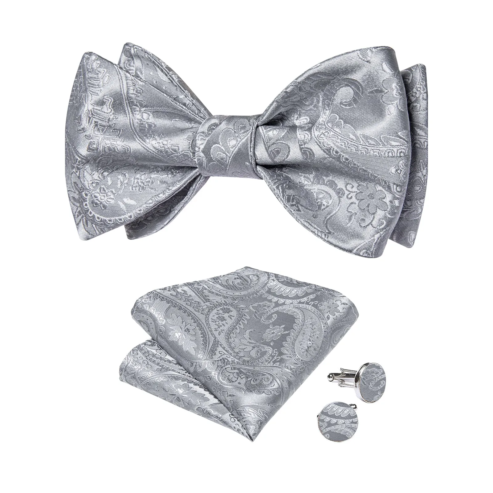 Grey Floral Self-Bowtie Pocket Square Cufflinks Set