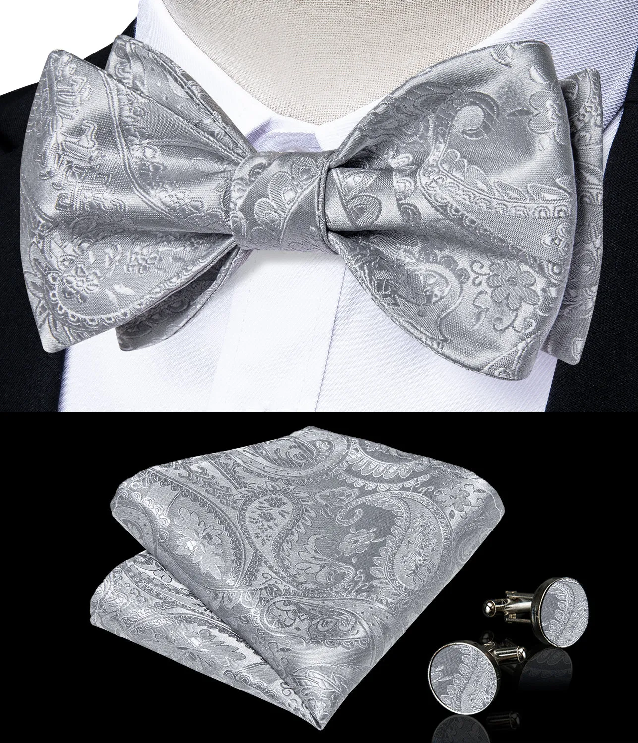 Grey Floral Self-Bowtie Pocket Square Cufflinks Set