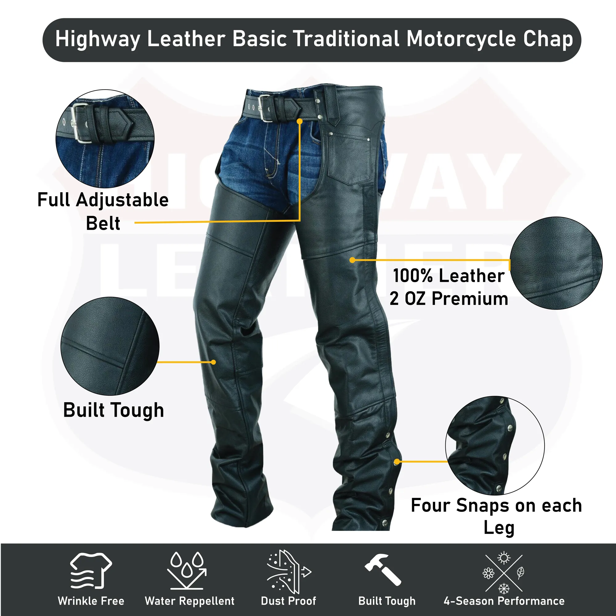 HL12800SPT Basic Classic BLACK Style Leather Motorcycle Chap for Motorcycle Riding Plain Easy Fit