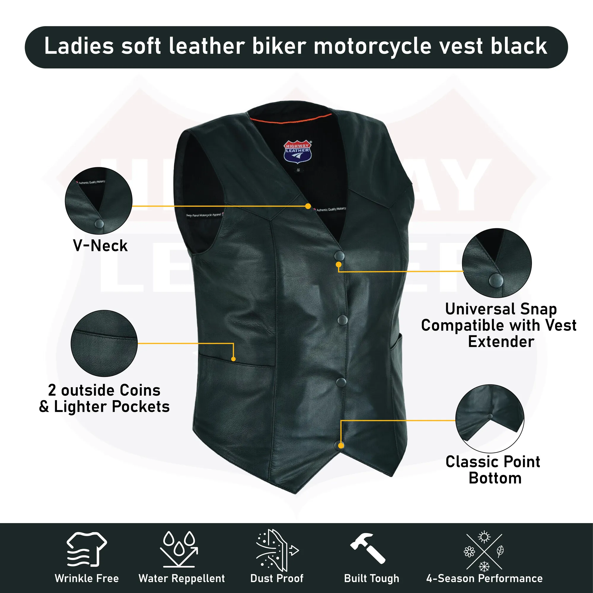 HL14500BLACK Ladies Women soft leather biker motorcycle vest black concealed carry