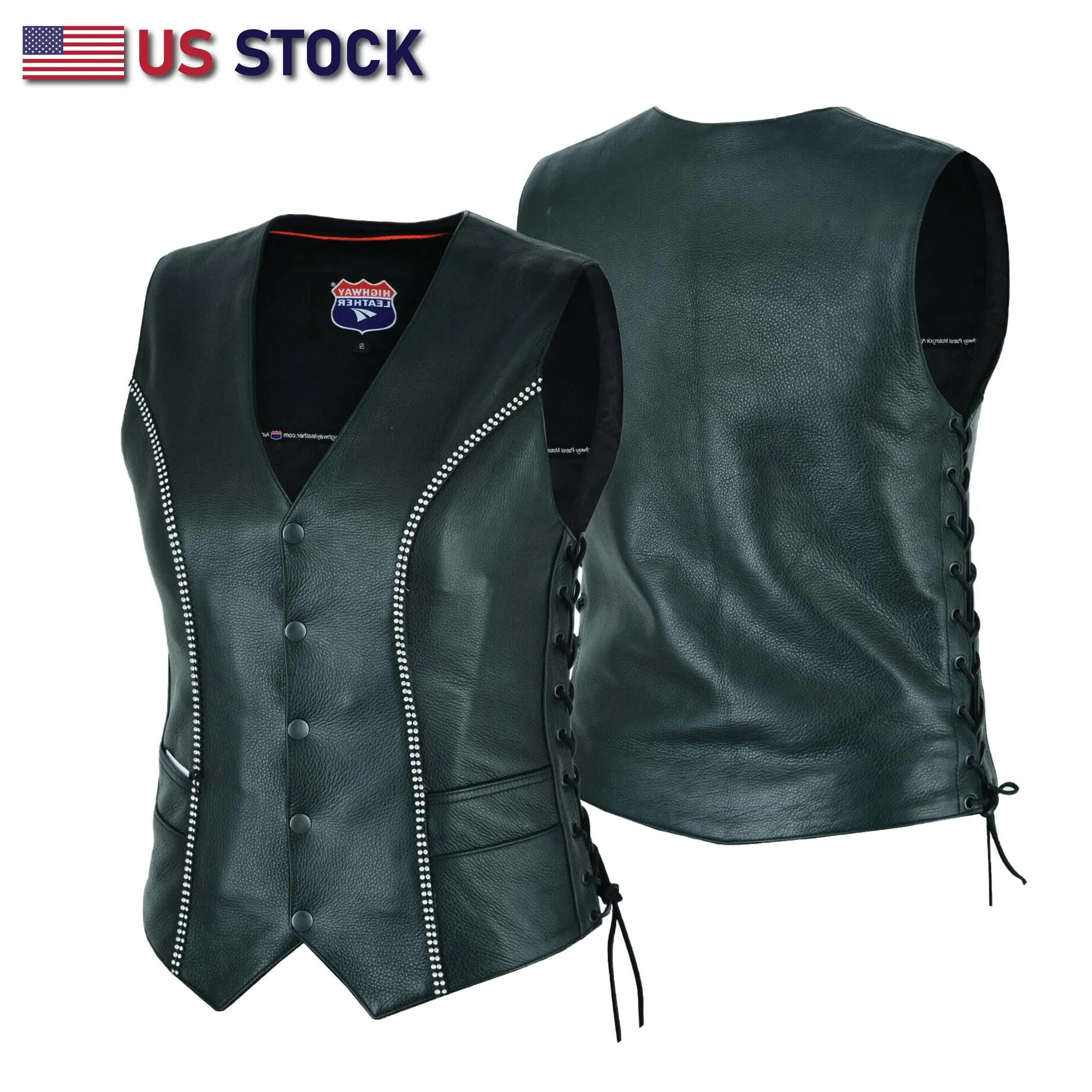 HL14659BLING Women's Bling leather motorcycle vest - Rhinestone detail Gun Pocket, Side Lace, Single Panel back, Snap front Biker