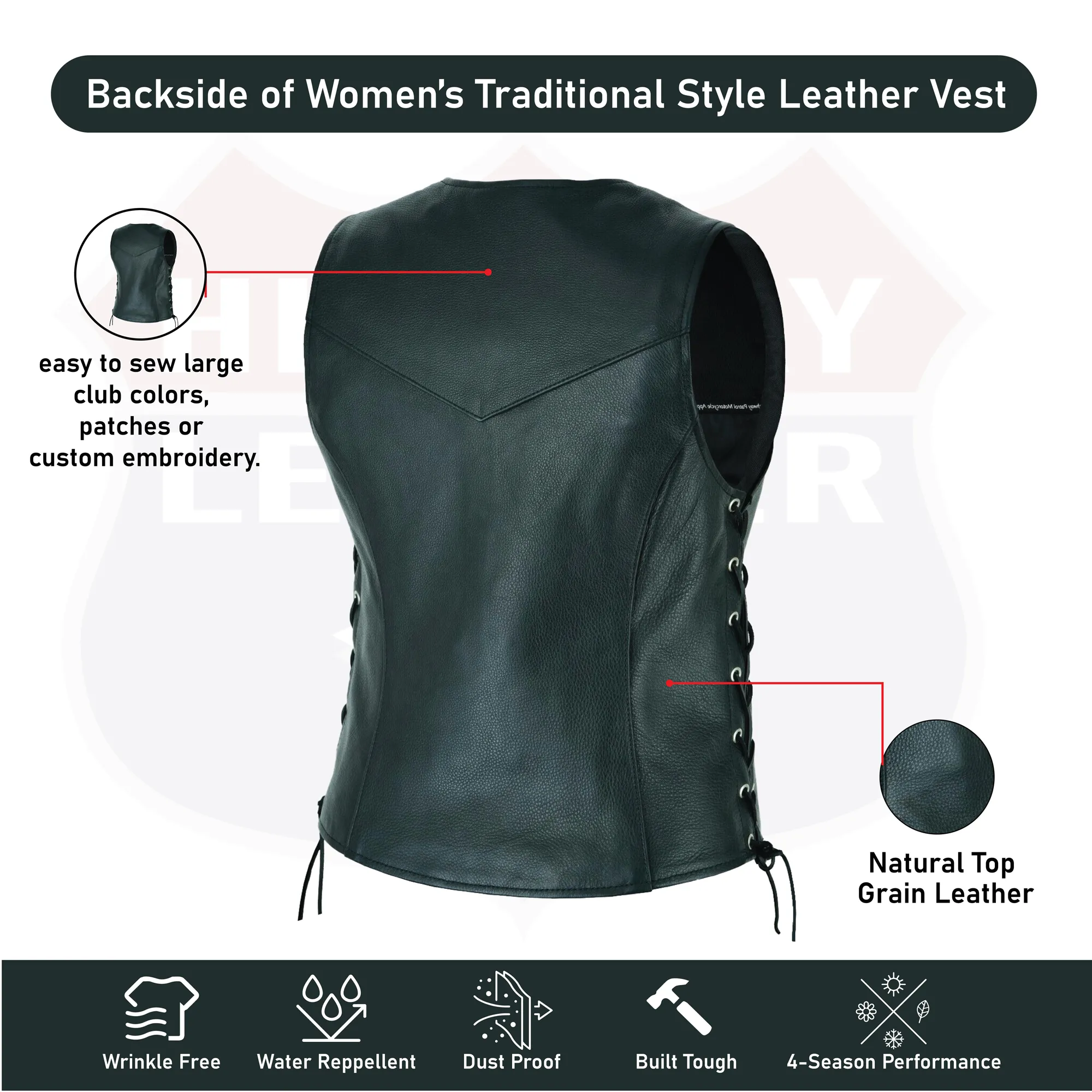 HL14851SPT Black Women's Lace up side leather motorcycle vest