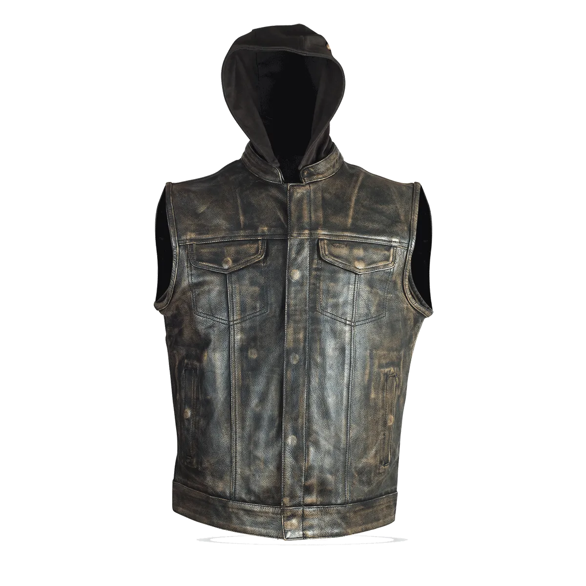 HMM914HDB Distressed Brown Motorcycle Club Leather Vest with Hood